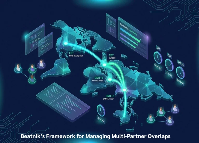 Global time zone overlap map illustrating Beatnik Technology's GMT+6 software development team alignment